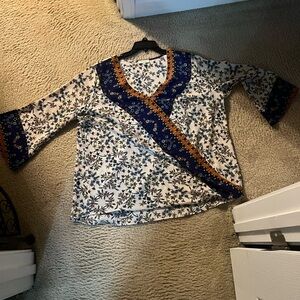 Floral V-Neck Blouse with Blue and Orange Accents